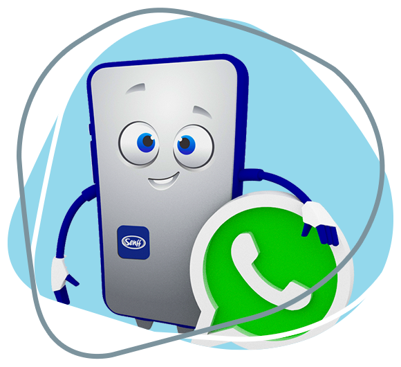 Personagem em formato de celular com logo do WhatsApp. Converse com a Senff pelo WhatAapp